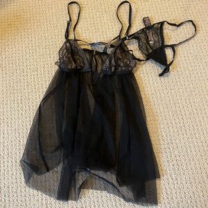 NWT Victoria Secret Lingerie Babydoll Teddy Black Sheer Lace Strappy Flyaway set